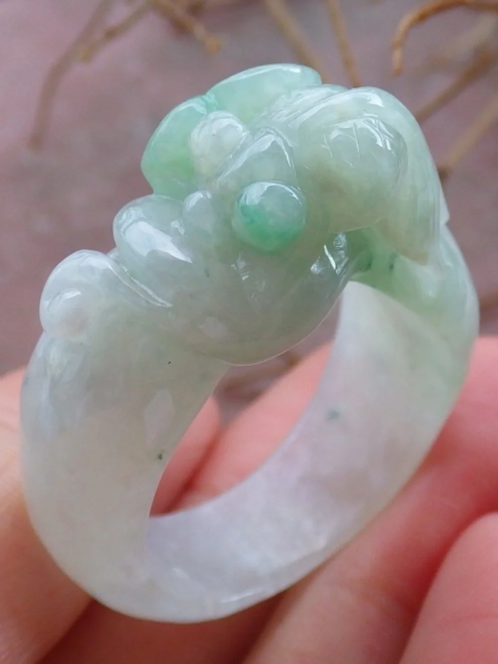 US 11.25 Certified Hand Carved Green Natural Burma A JADE Jadeite Gold Fish Ring